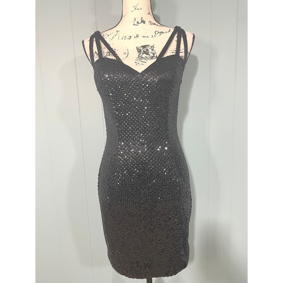 NITE LINE Dresses & Skirts - Vintage 90s NiteLine Della Roufogali Black Beaded Strappy V Neck Party‎ Dress